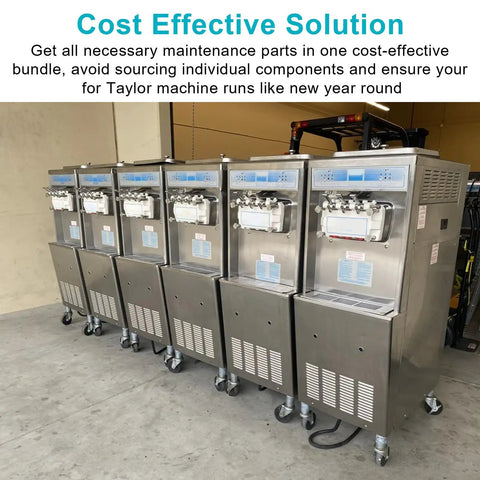 Tune Up Kit For Soft Serve Machines 336 338 339 754 774 791 794, FT X49463 4 1 Parts Compatible For Easy Maintenance And Peak Performance And Smooth Scoops For Home Use And Commercial Kitchens With Quick Install And Durable Build. row of stainless steel Taylor soft serve machines on casters