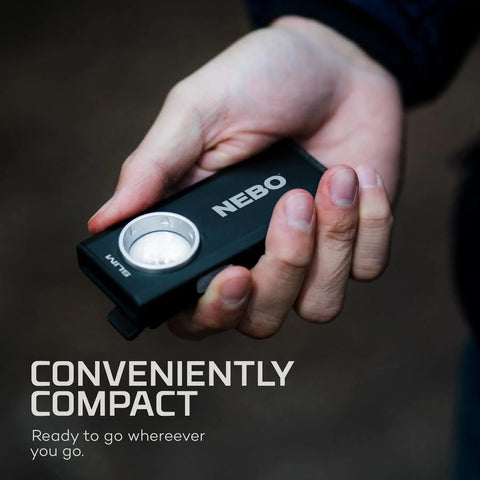 Hand holding Slim Pocket Flashlight With 500 Lumens Rechargeable EDC Light Magnetic Base Dimmable Brightness Durable Build