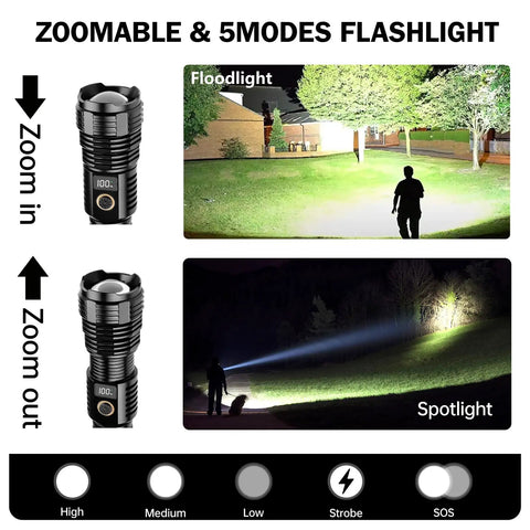 Beast Bright Rechargeable Flashlight With 100,000 Lumens LED, Zoomable beam illuminating a large area in floodlight mode outdoors.