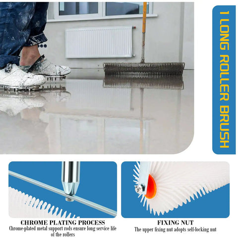 Spiked Roller Tool Kit For Self Leveling Epoxy Floors with roller brush leveling cement floor, featuring spike shoes and scraper.