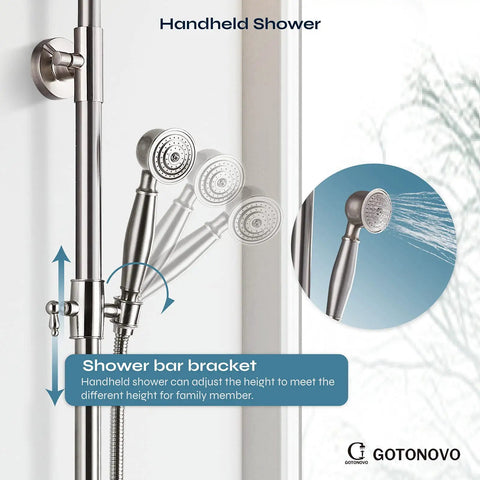 Exposed Shower Fixture System With 8 Inch Round Rainfall Shower Head Single Handle Dual Function Faucet Dope Brushed Nickel Finish, handheld view
