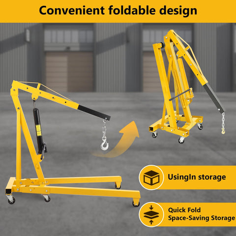 2 Ton Engine Hoist Heavy Duty Folding Hydraulic Cherry Picker With Lever And 6 Casters Full Kit, folded and unfolded in garage