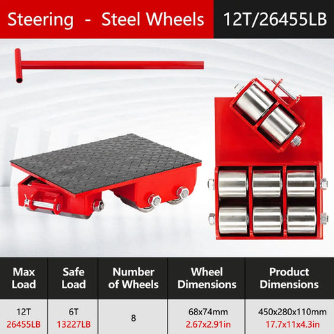 Move Heavy Gear Fast With This Rock Solid Heavy Duty Skate Dolly Featuring Four Durable Swivel Wheels, red steel platform with steering handle.