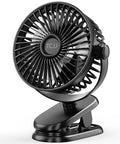 Clip On Portable Fan For Strollers And Cars With USB C Rechargeable 5200 mAh Battery Three Speed 360 Degree Rotatable Personal Mini Table Fan For Pram Car Seat Crib Golf Cart Camping, black fan on clip base