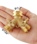 Heavy Duty Garden Hose Splitter 2 Way Brass Faucet Splitter For Dual Water Outlets Outdoor Hose Connector With Easy On Off Handles Weatherproof And Corrosion Resistant For High Pressure Use, 1.2 inch, hand held