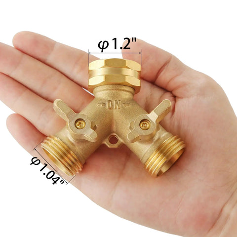 Heavy Duty Garden Hose Splitter 2 Way Brass Faucet Splitter For Dual Water Outlets Outdoor Hose Connector With Easy On Off Handles Weatherproof And Corrosion Resistant For High Pressure Use, 1.2 inch, hand held