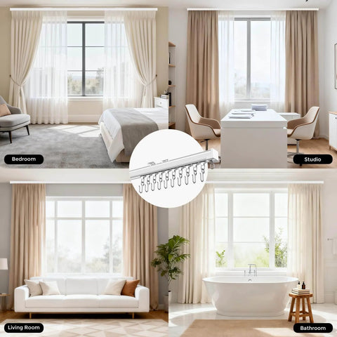 Heavy Duty Ceiling Curtain Track Kit With Quiet Glide Rollers 3 To 6 Ft White ceiling mounted in various rooms