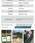 Portable Hydraulic Crimping Tool 8 AWG To 40 AWG With 9 Die Sets for cable lugs and battery wires shown with specifications.