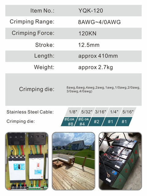 Portable Hydraulic Crimping Tool 8 AWG To 40 AWG With 9 Die Sets for cable lugs and battery wires shown with specifications.