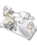 Engine Generator For Science Projects And STEM Learning With Durable Brushed Stainless Steel Base CNC Machined Frame Thick Glass Heating Cylinder Hands On Educational Toy For Curious Kids And Makers, angled view