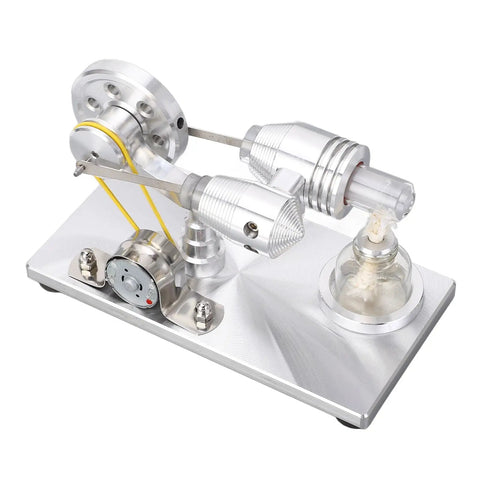 Engine Generator For Science Projects And STEM Learning With Durable Brushed Stainless Steel Base CNC Machined Frame Thick Glass Heating Cylinder Hands On Educational Toy For Curious Kids And Makers, angled view