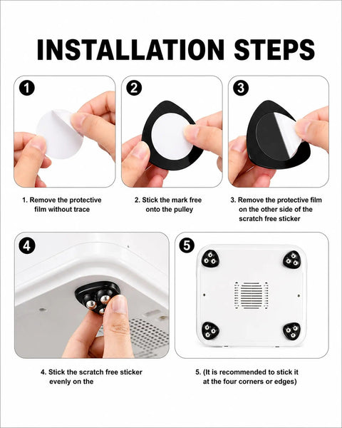 Installation steps for Zero Friction Heavy Duty Appliance Casters And Rollers Silent Silicone Feet for easy use on kitchen appliances.