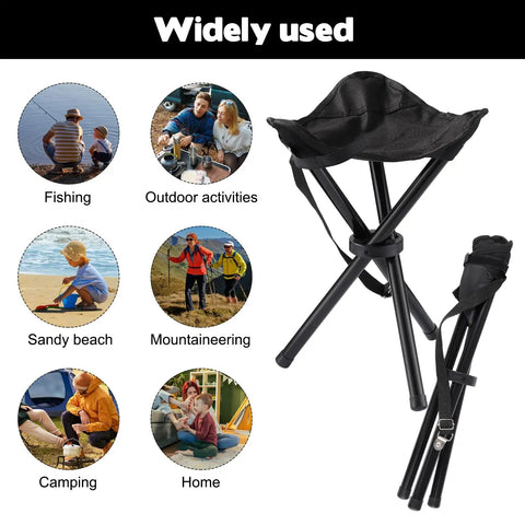 Lightweight Travel Folding Tripod Camping Stool Portable Chair 14.6 Inch Seat Holds Up To 210 Lbs with folded and expanded views