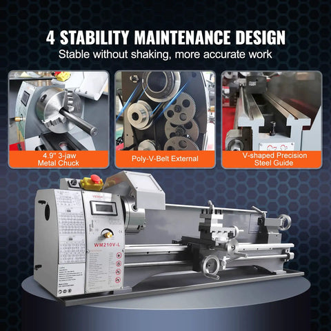 Premium Benchtop Metal Lathe With A Beefy 750W Brushless Motor And Cruising 0 To 2500 RPM Variable Speed showing stability maintenance design features.