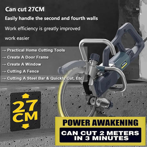 Badass Pro Grade Electric Concrete Cutter Featuring 8800 Watt Brushless Motor And Lightning Fast 3000rpm Rotation For Quick Stone Wall Trimming Dust Free Operation Built Different And Rigged Solid cutting through concrete with precision.