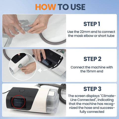 Instructions on connecting Climate Line CPAP Hose 6.5 Foot For 11 Series Machines Only Not For 10 Reusable Replacement.