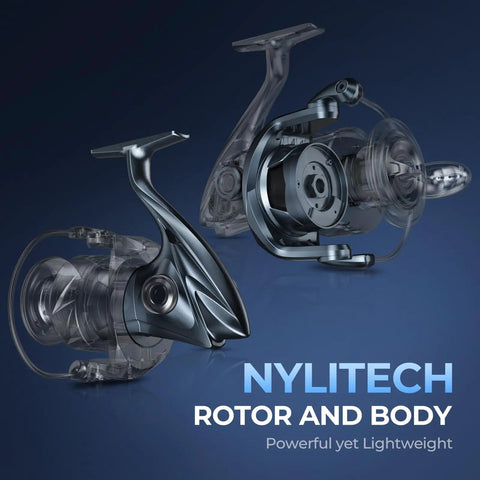 Rekon Spinning Fishing Reel Combo With 7 Foot Heavy Action Rod And 3000 Reel For Saltwater showing NyliTech rotor and body