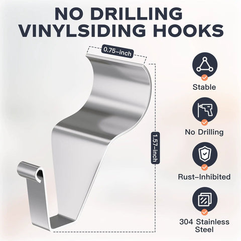 Vinyl Siding Hooks 8 Pack No Drill Clips For Hanging Outdoor Decorations And String Lights, 304 stainless steel hook