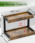 Diagram of Two Tier Countertop Spice Rack Organizer in Rustic Brown Wood Finish with measurements for kitchen or office use.