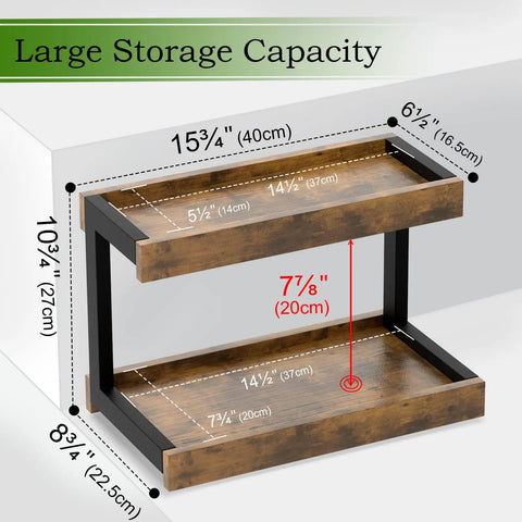 Diagram of Two Tier Countertop Spice Rack Organizer in Rustic Brown Wood Finish with measurements for kitchen or office use.