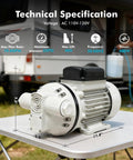 Tough As Nails Electric Diaphragm Transfer Pump With 10.6 Gpm Flow And 36 Ft Max Lift on a table showing technical specifications.