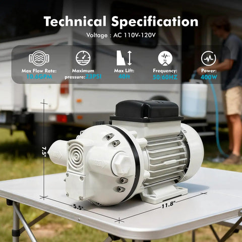 Tough As Nails Electric Diaphragm Transfer Pump With 10.6 Gpm Flow And 36 Ft Max Lift on a table showing technical specifications.