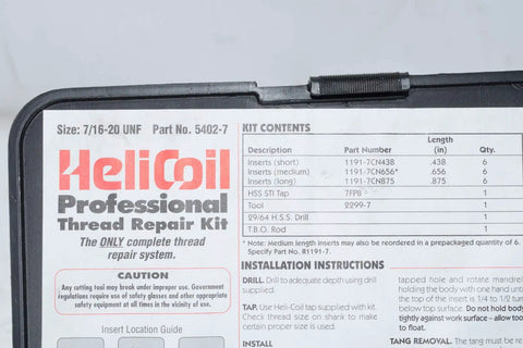 Heavy Duty Thread Repair Kit With Drill Bit 304 Stainless Steel 7/16-20 UNF Inserts label showing kit contents and instructions