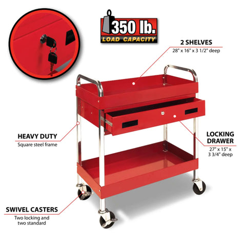 Two Shelf Utility Cart With Locking Drawer Heavy Duty 16 Gauge Steel Mobile Storage Cart for Tools and Gear, red with 350 lb capacity