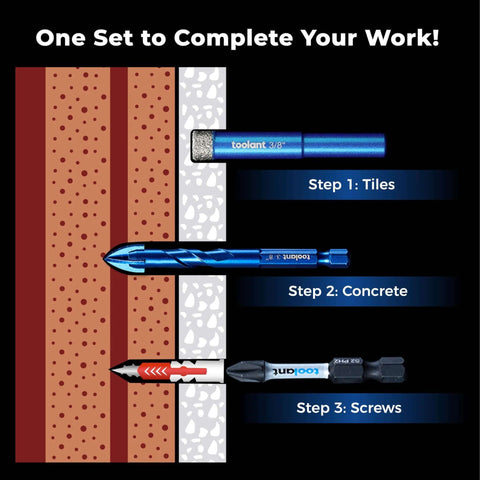 Toolant 10-piece diamond drill bit set for tile and concrete; blue 1/4 in shank bits, 3/8 size shown.