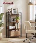 Workhorse Four Tier Bookshelf With Heavy Duty Steel Frame And Chill Rustic Vibe Industrial Storage Rack That Flexes Floor Space Smoothly In Every Home Setup Today, displaying books and decor in a modern workspace.