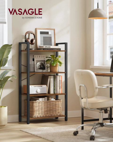 Workhorse Four Tier Bookshelf With Heavy Duty Steel Frame And Chill Rustic Vibe Industrial Storage Rack That Flexes Floor Space Smoothly In Every Home Setup Today, displaying books and decor in a modern workspace.