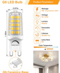 Infographic of G9 LED Bulb Dimmable 4W 4000K Neutral White 450 Lumen Ceramic Bi Pin Base T4 features and size dimensions.