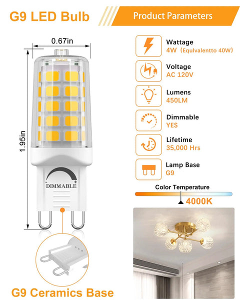 Infographic of G9 LED Bulb Dimmable 4W 4000K Neutral White 450 Lumen Ceramic Bi Pin Base T4 features and size dimensions.
