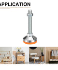 Tough As Nails Carbon Steel Swivel Leveling Feet M16 Thread Adjustable Mounting Hardware For Furniture And Workbenches Solid Anti Slip Base Plates Heavy Duty Set Of 4 Yellow with orange base shown.