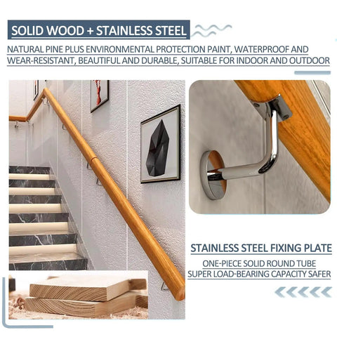 Built Like A Tank Heavy Duty Outdoor Stair Railing And Wall Mounted Wooden Handrail With Stainless Steel Mounts for safe indoor use.
