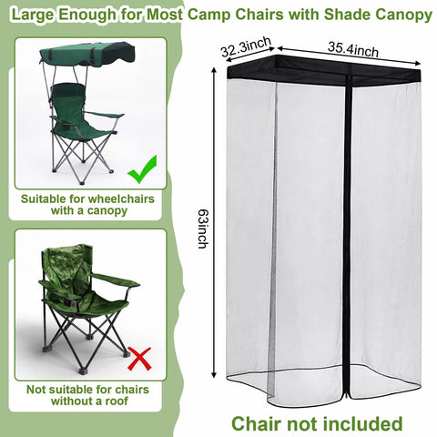 63 Inch Mosquito Net Cover For Canopy Chair With Waterproof Roof And Opening Zipper Heavy Duty Bug Barrier Mesh For Fishing Camping
