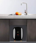 Instant Tankless Water Heater With Smart Digital Flow Valve Delivers Quick 3000w On Demand Hot Water For Kitchen Counter Or Bath Tub Setup So You Can Keep It Moving mounted under sink in kitchen with apples.