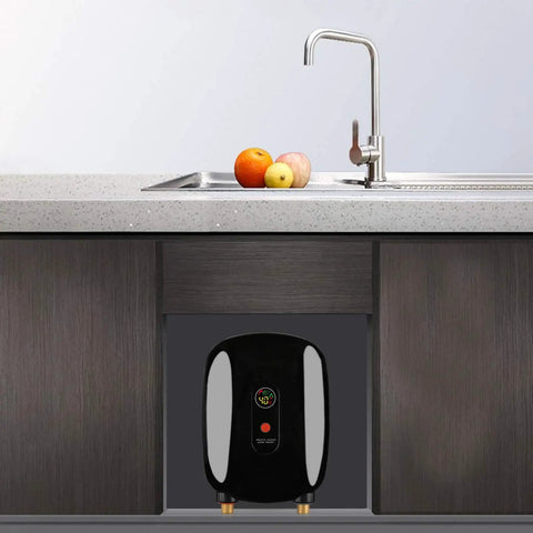 Instant Tankless Water Heater With Smart Digital Flow Valve Delivers Quick 3000w On Demand Hot Water For Kitchen Counter Or Bath Tub Setup So You Can Keep It Moving mounted under sink in kitchen with apples.