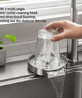 Slick Automatic Glass Rinser Head Powered By Standard Faucet Pressure For Quick Hands Free Cup Cleaning Heavy Duty Sink Attachment showing rinsing glass.