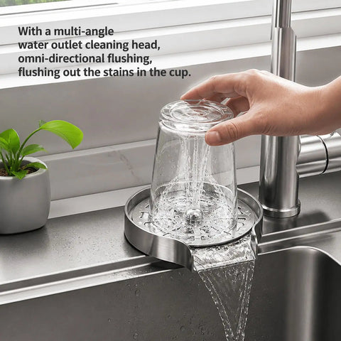 Slick Automatic Glass Rinser Head Powered By Standard Faucet Pressure For Quick Hands Free Cup Cleaning Heavy Duty Sink Attachment showing rinsing glass.