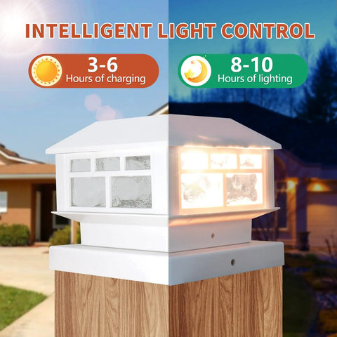 Day and night view of Solar Post Cap Lights Outdoor 20LM Waterproof Fence Cap Lights With 2 Modes Easy Install on wood post