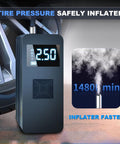 Go-To Portable Jump Starter With Built In Air Compressor And Tire Inflator For Emergencies beside inflated tire display