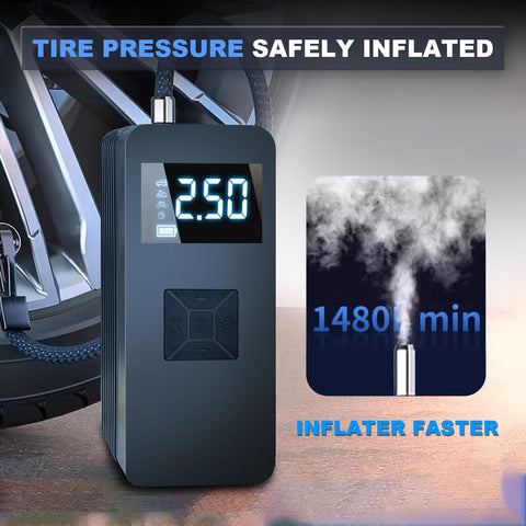 Go-To Portable Jump Starter With Built In Air Compressor And Tire Inflator For Emergencies beside inflated tire display
