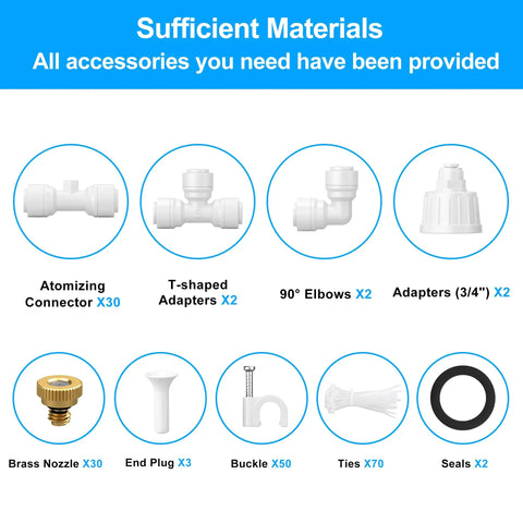 Components of the Outdoor Patio Misters Misting System Bundle For Yard Cooling, including various adapters, nozzles, and accessories.