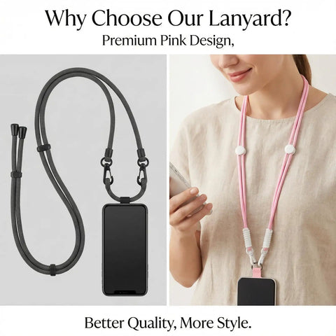 Pink 3 Pack Phone Lanyard Crossbody With Matching Color Pads And Spare Tabs, worn on neck, adjustable rope for easy access phone use