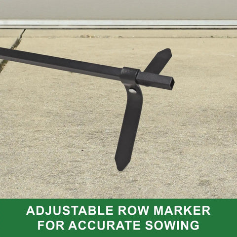 Adjustable row marker of 3lb Garden Seeder Workhorse With 7 Seed Plates For Precise Planting In Prepared Soil.