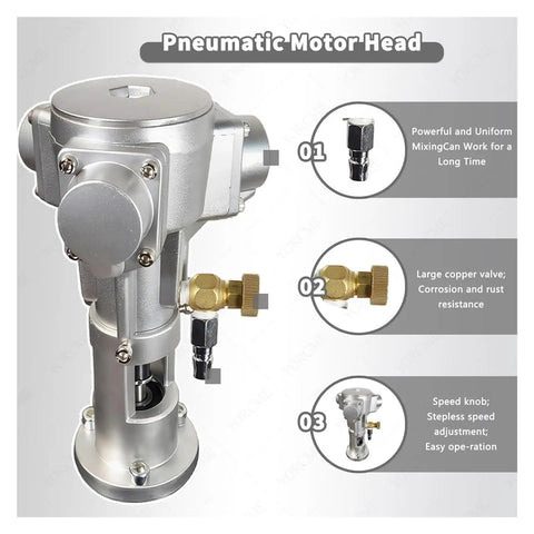 Heavy Duty Industrial Air Agitator Paint Mixer With Half Horsepower And Three Quarter Horsepower And One Horsepower Options Cuts Mixing Time By Eighty Percent For Auto Shops Paper Mills Wineries And Dye Factories Compact Five Cylinder Design showing pneumatic motor head