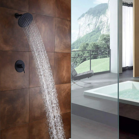 Matte Black Shower Faucet Set With Pressure Balance Cartridge And 8-Inch Rain Shower Head, Non-Return Check Valves in modern bathroom