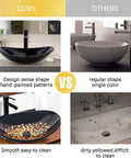 Comparison showing our sleek, hand-painted tempered glass vessel sink vs others, highlighting design and cleanliness.