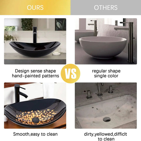 Comparison showing our sleek, hand-painted tempered glass vessel sink vs others, highlighting design and cleanliness.